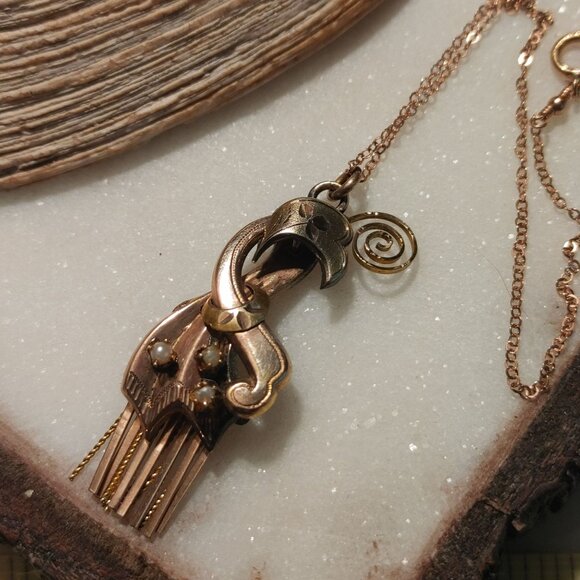 Vintage 12K Gold Moveable Intricate Pendant Necklace 14K GF Chain Pearl Accents - Picture 9 of 16